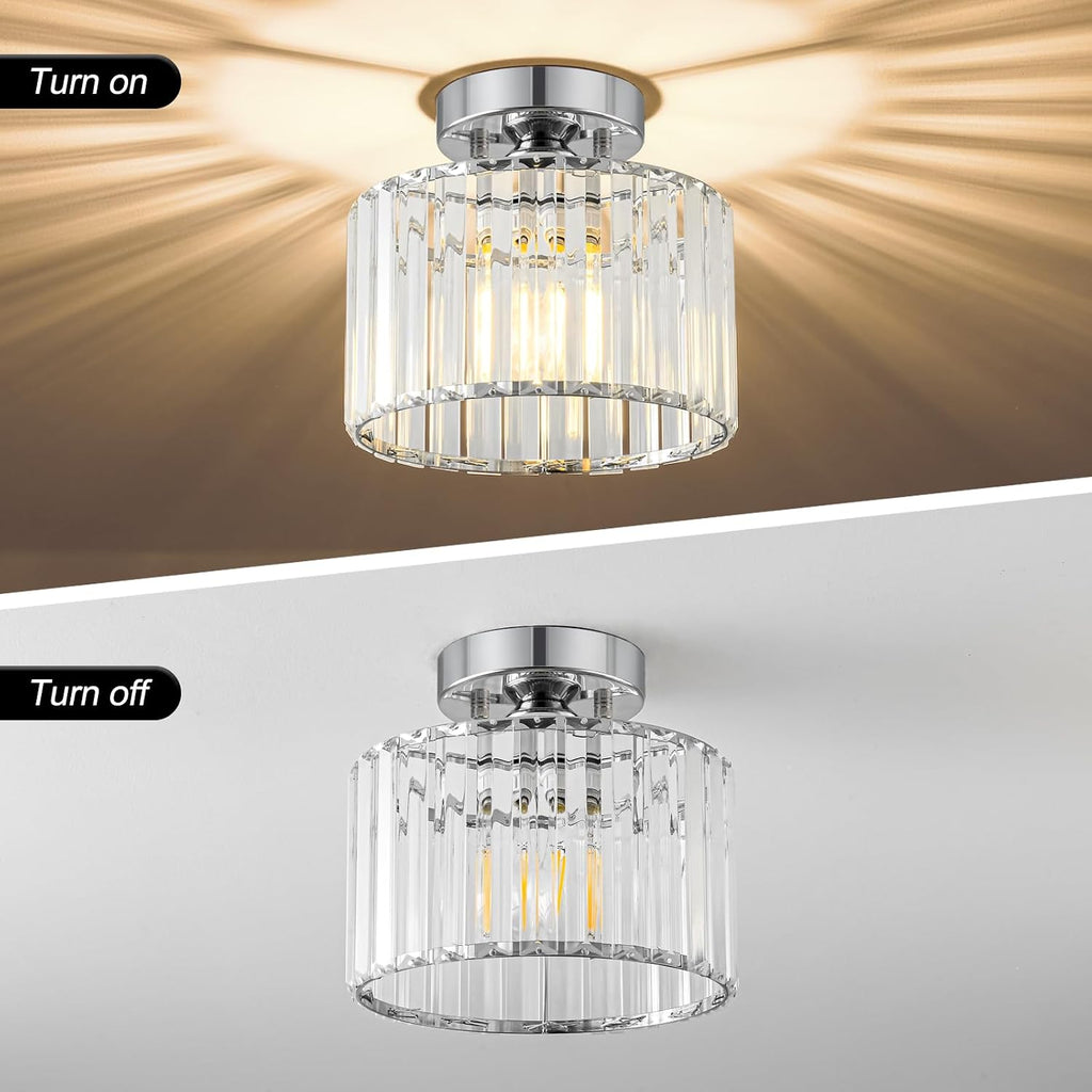 Crystal Chrome Semi Flush Ceiling Light 8.66 Inch | Modern Metal Close To Ceiling Light Fixture Bedroom Kitchen