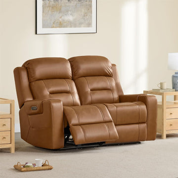 Genuine Leather Power Loveseat Recliner Sofa, Lay Flat Loveseat Reclining Sofa with Power Headrest, Cup Holders, USB