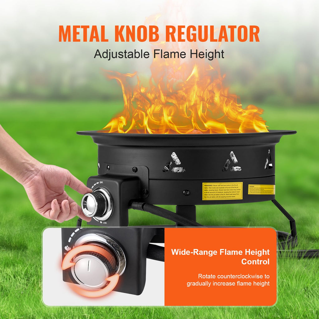 Propane Fire Pit, 19-Inch Diameter Outdoor Portable Gas Fire Pit with Cover & Lava Rocks, Adjustable Flame Height