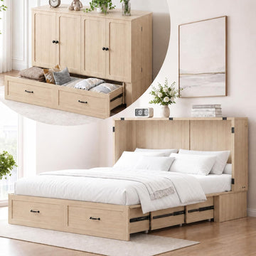 Queen Murphy Cabinet Bed with Mattress, Storage Drawer & Charging Station - Natural Wood