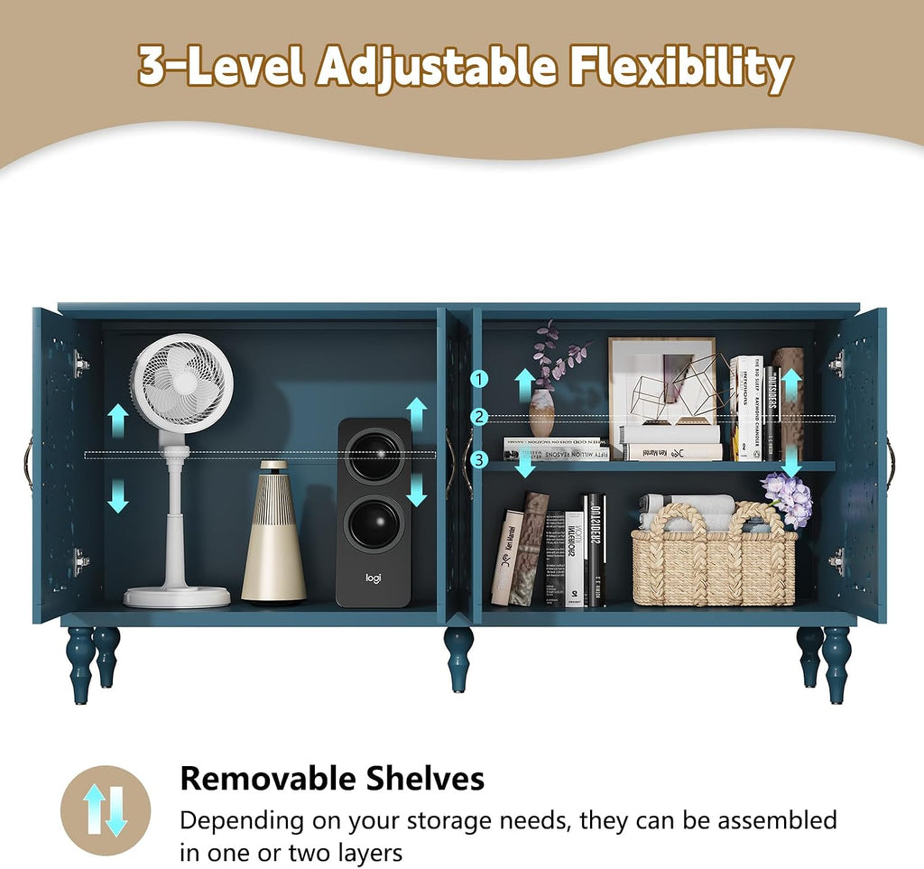 61.8" Hollow Carved Accent Cabinet with 4 Doors | Vintage Sideboard Buffet with Adjustable Shelves, Credenza with