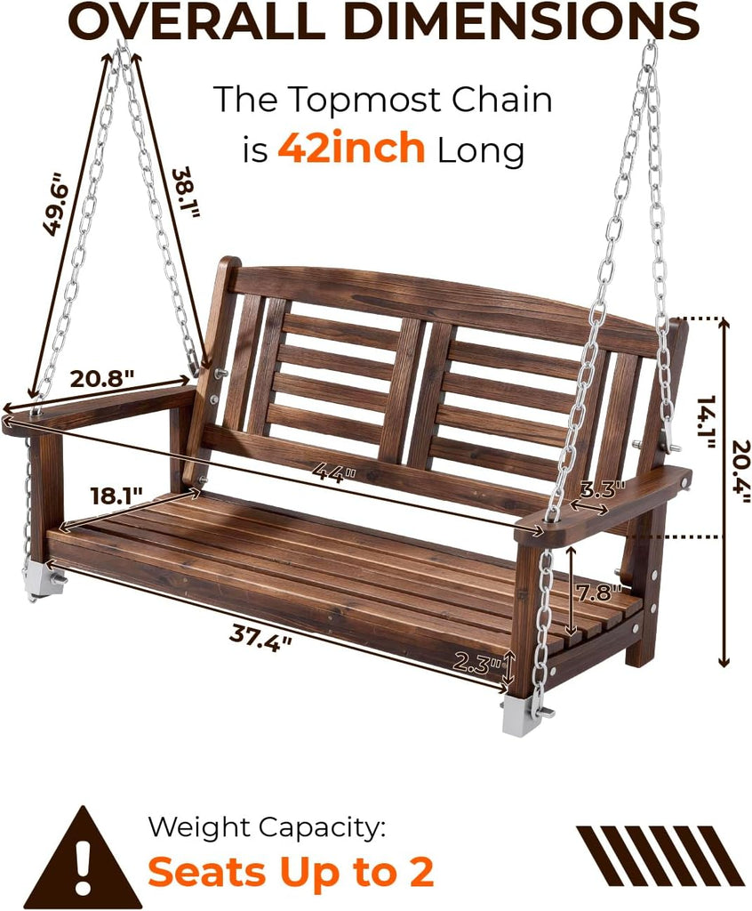 Wooden Porch Swing, Outdoor Patio Swing, 44" Swing Bench with Hanging Chains and Reclined Backrest for Deck