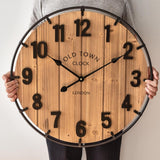 Large Old Town Farmhouse Wall Clock 24 Inch Rustic Antique Wood with Metal Circle and Large Numerals Silent Battery