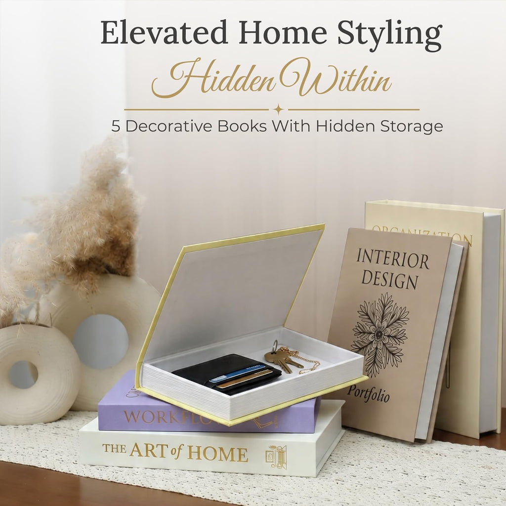 Decorative Books Set of 5 with Hidden Storage & Magnetic Closure - Oxford Linen Faux Books with Gold Foil Embossing |