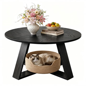Round Coffee Table with Open Storage Black Wooden