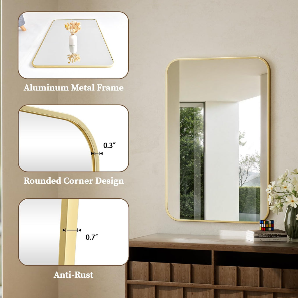 30x40 Black Metal Frame Rectangle Vanity Mirror,Rounded Corners