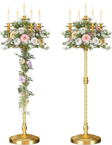 2 Pcs Floor Candelabra 50 Inch Gold Candelabra Centerpiece 5 Arms Floor Standing Candelabra Gold Candlestick Holder