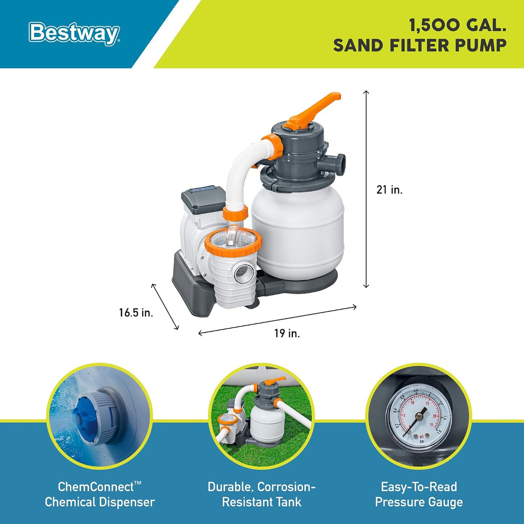 58498E Flowclear 1500 Gallon Sand Filter Pool Pump for Above Ground 300 to 11,200 Gallon Swimming Pools with Adapter