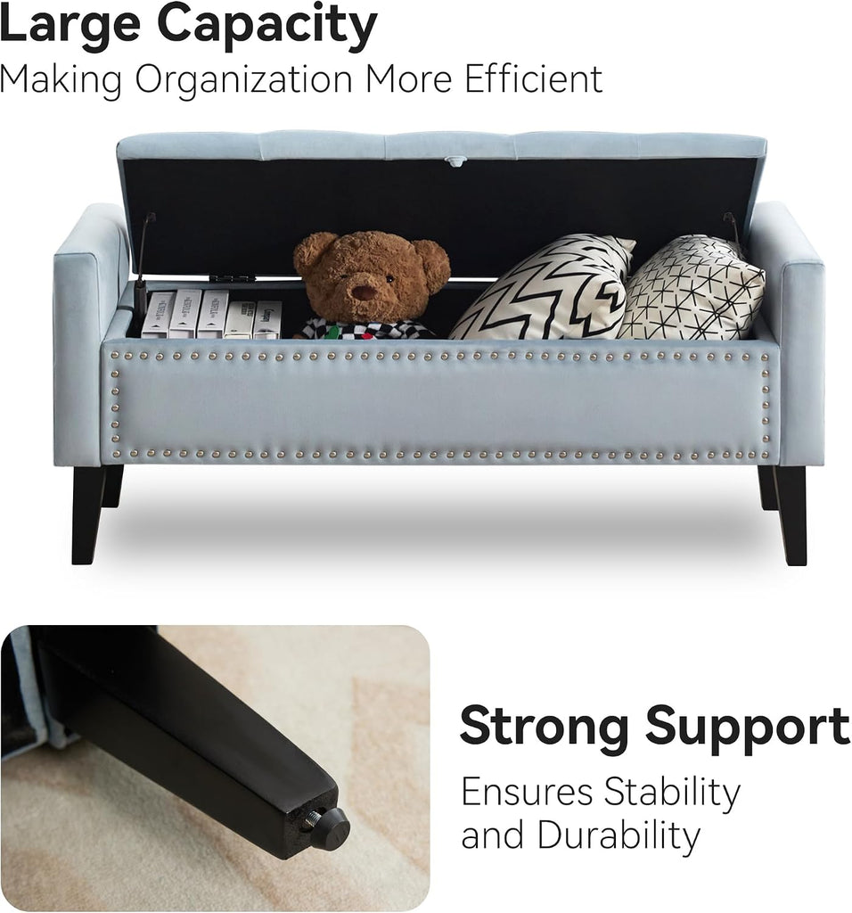 47" Velvet Storage Bench, Upholstered Bed Bench with Storage, End of Bed Ottoman with Wooden Legs,Bedside Storage