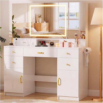 Vanity Desk with 3 Way Mirror and Lights, Large Makeup Vanity Table Set with Charging Station, 3 Lighting Modes &