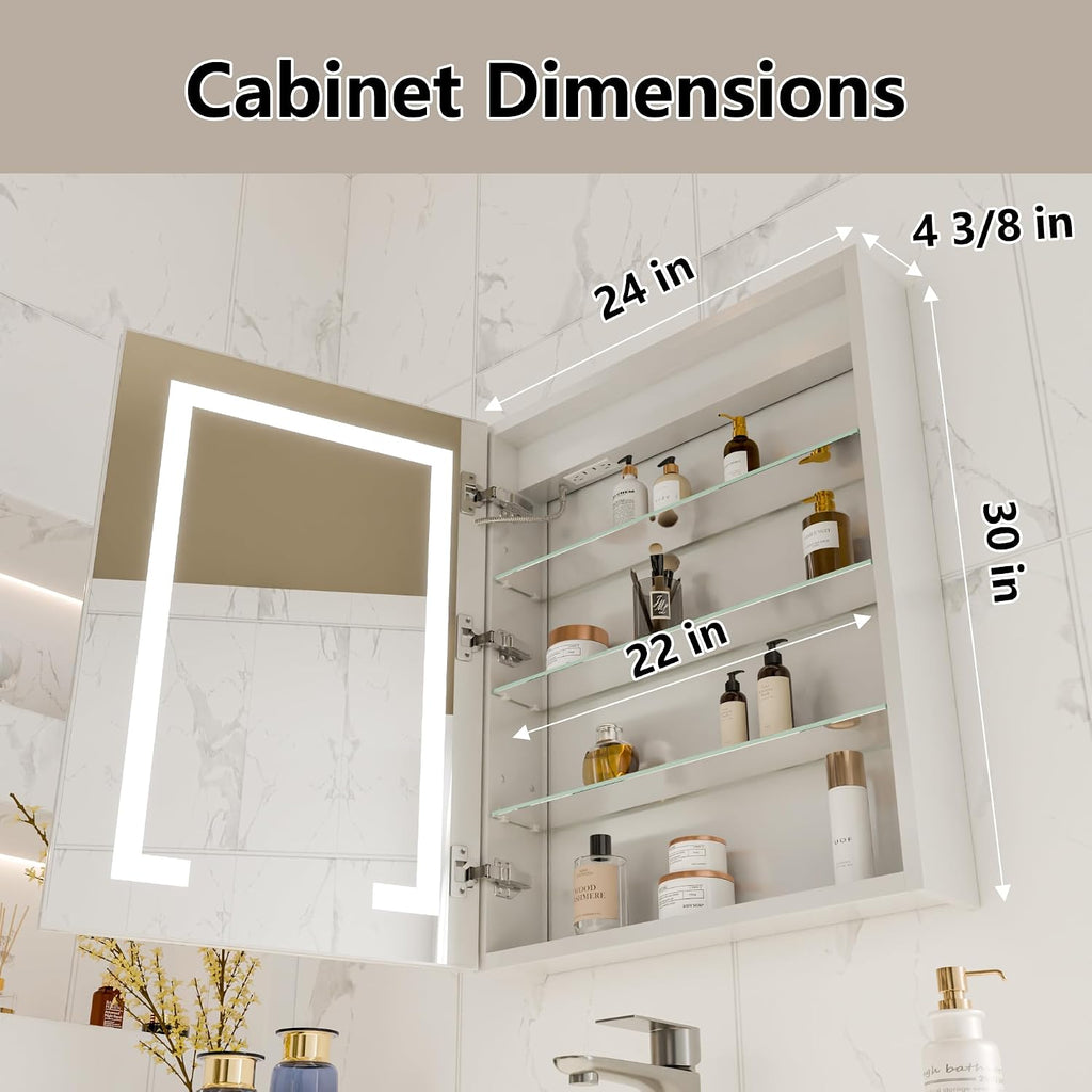 LED Bathroom Medicine Cabinet Mirror, 24" x 30" Lighted Vanity Mirror with Storage, Frameless Mirrored Medicine