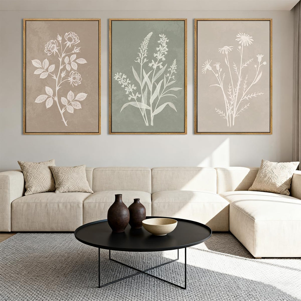 Extra Large Boho Botanical Framed Wall Art Farmhouse Floral Canvas Wall Decor Neutral Minimalist Plant