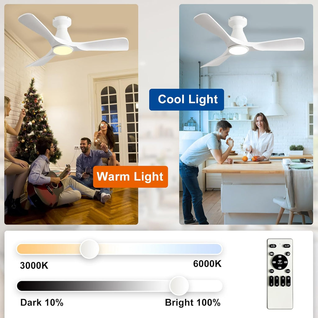 42-Inch Flush Mount Low Profile Ceiling Fan with Dimmable LED Light and Remote - White, 3 Blade, Ultra Quiet DC Motor
