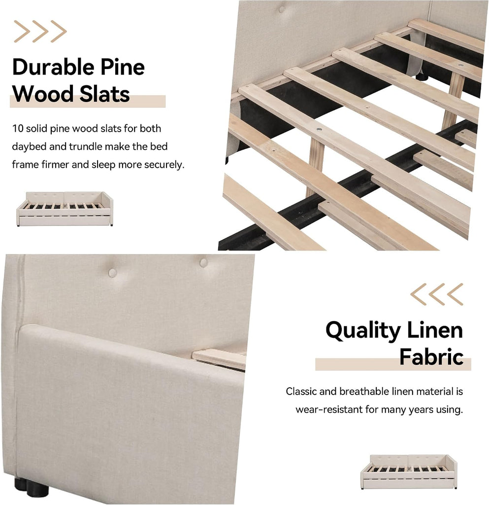 Queen Daybed with Storage and USB, Modern Cloud Bed Frame with Twin Trundle, Linen Upholstered Platform Bed, Corner