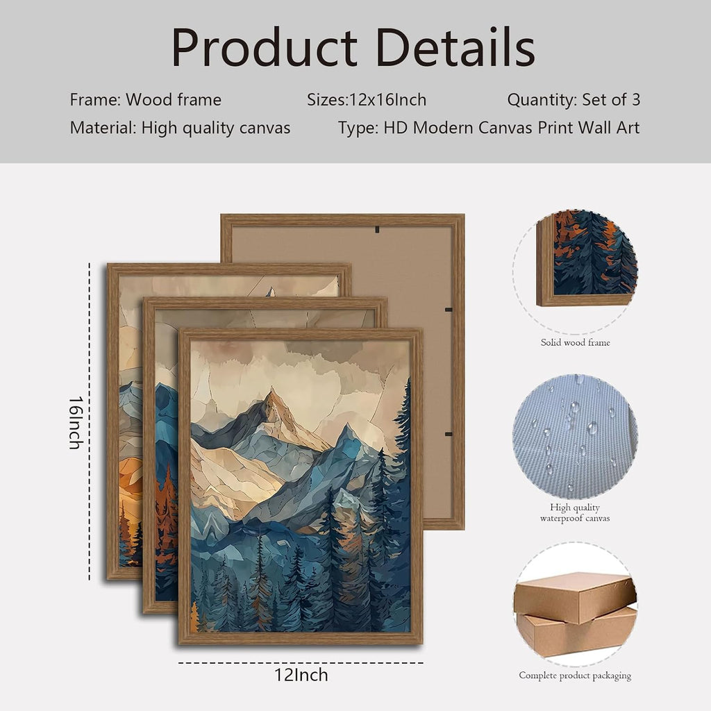 Mountain Wall Art Set of 3 Framed, Abstract Landscape Canvas Prints with Sunset Forest, Boho Nordic Nature Wall Decor