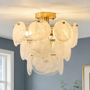 15" Brass Gold Semi Flush Mount Ceiling Light,13 lb Sturdy Vintage Flush Mount Chandelier with Unique Cloud Glass, 4