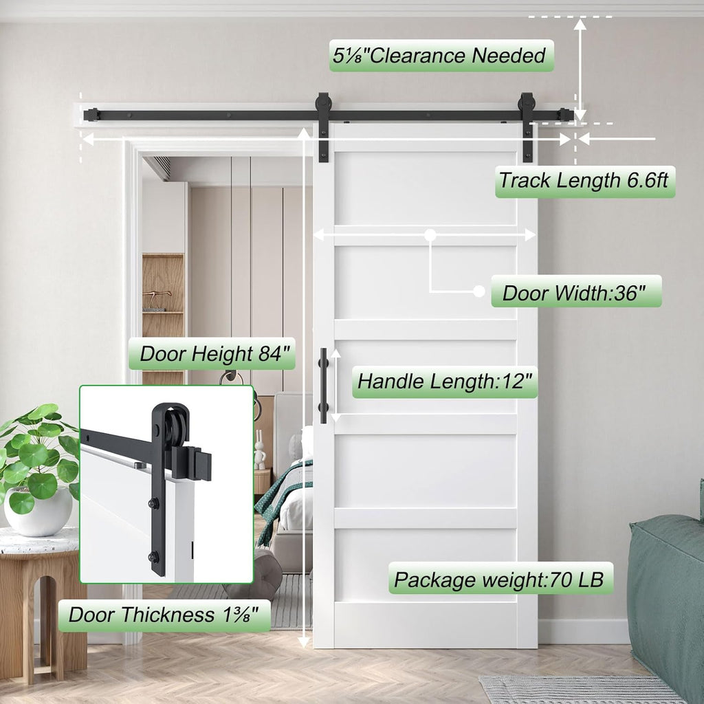 36x84 inch White Barn Door with 6.6FT Sliding Door Hardware Kit Included & Handle,Solid,MDF,PVC Surf