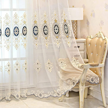 Beige Embroidered Sheer with Blue Pattern European Style Curtains for Bedroom Transparent Tulle,Grommet Top,52" W x