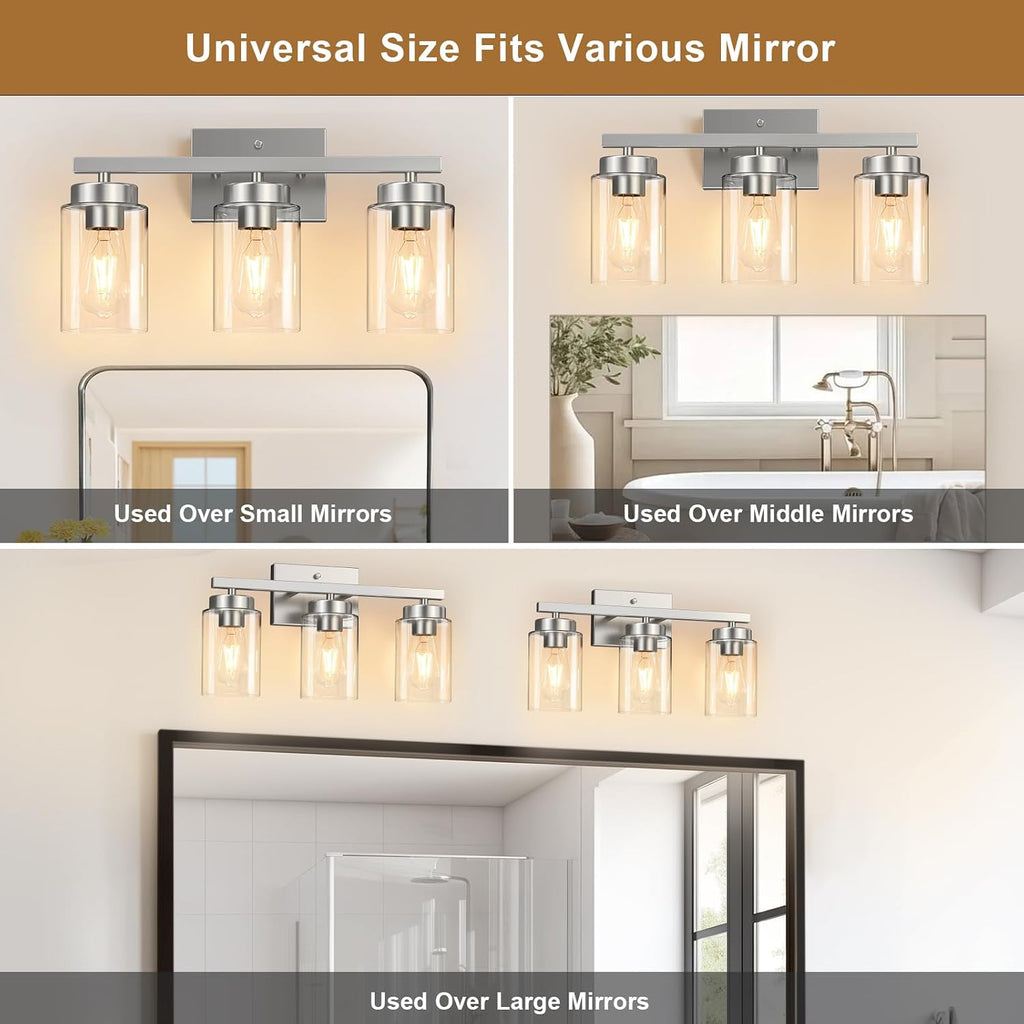 Modern Bathroom Light Fixtures, 3 Light Brushed Nickel Vanity Lights, Bathroom Lighting Fixtures Over Mirror with