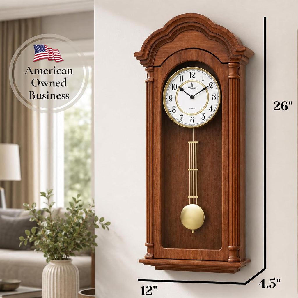 Grandfather Wall Clock with Pendulum — Large Hanging Wooden Battery Operated Non-Chiming Clock 26 x 12 inch - Quiet, Solid Wood Clock...