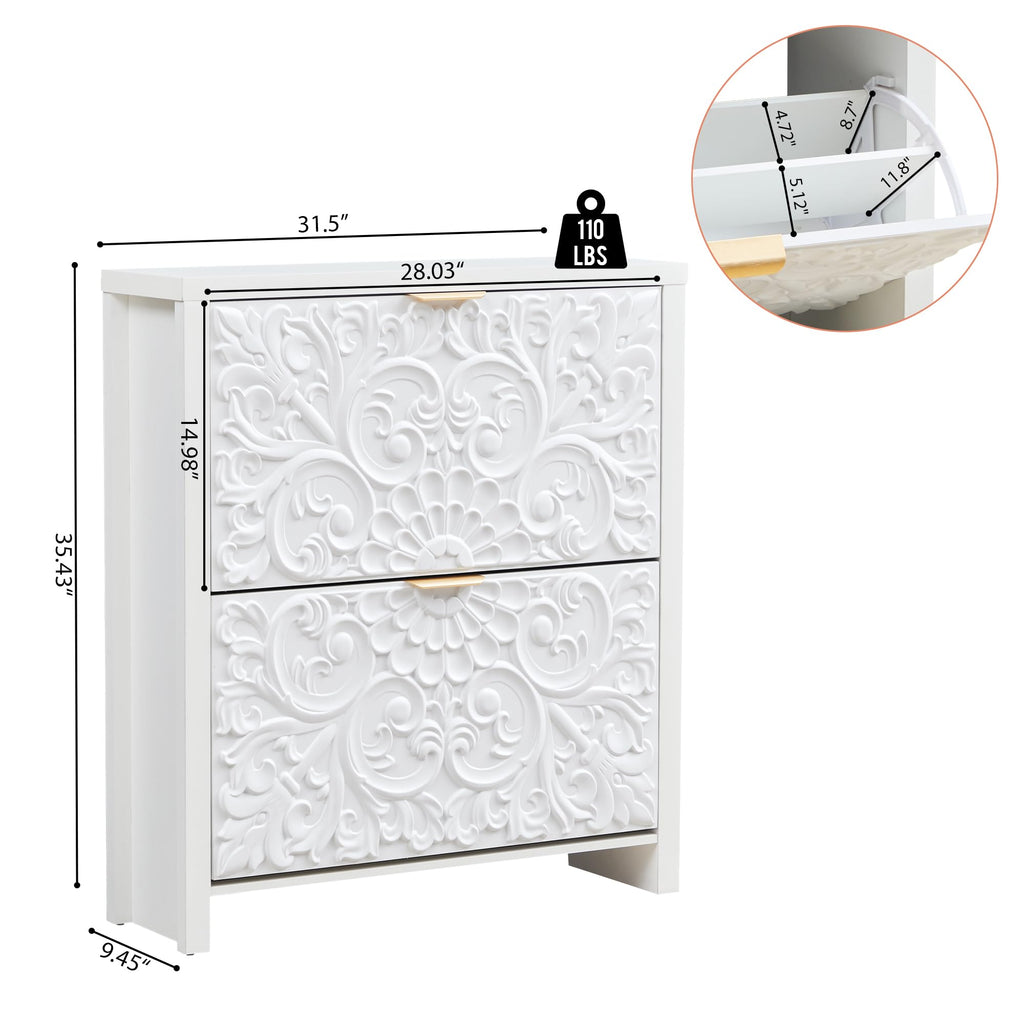 Shoe Cabinet Set of 2, 2-Tier Flip-Drawer Storage (White, 2)