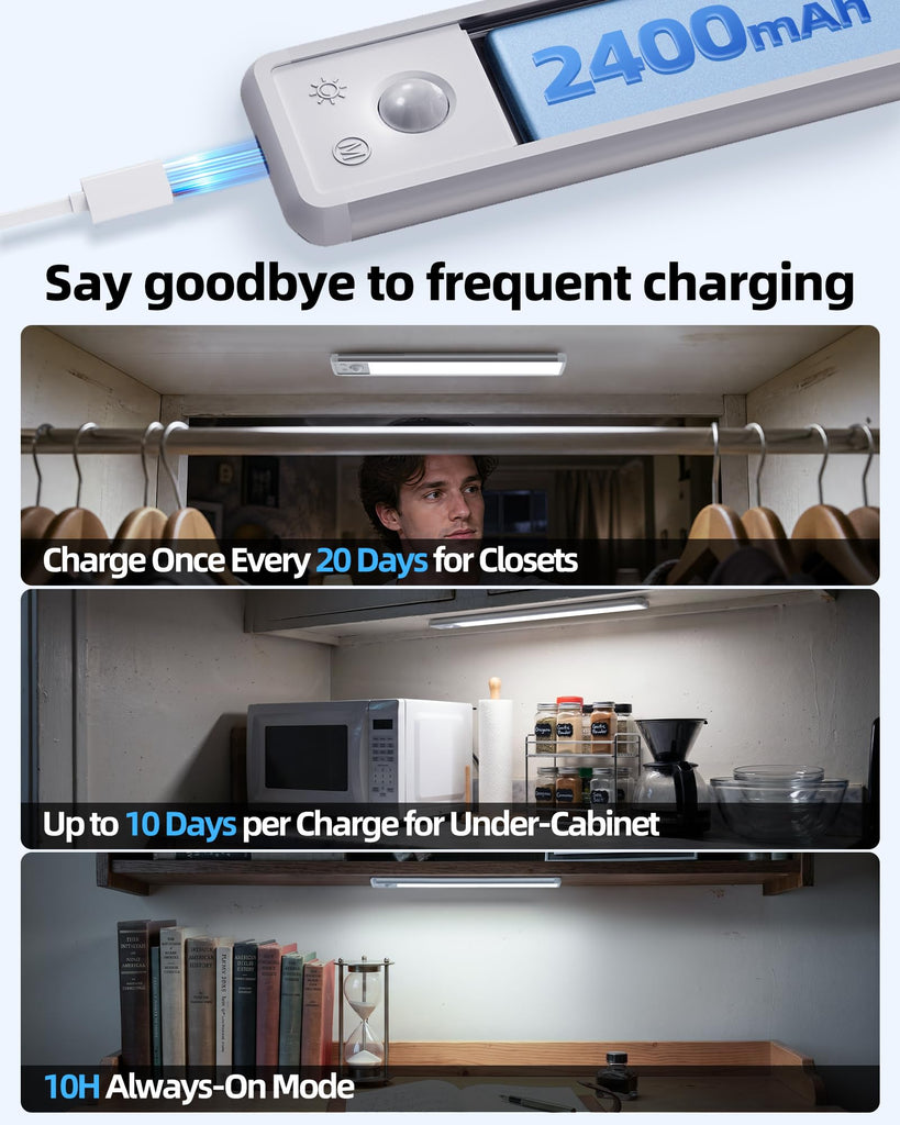 Under Cabinet Lighting, 12-inch Motion Sensor Light, 2400mAh Rechargeable, 3 Color Temperatures, Dimmable
