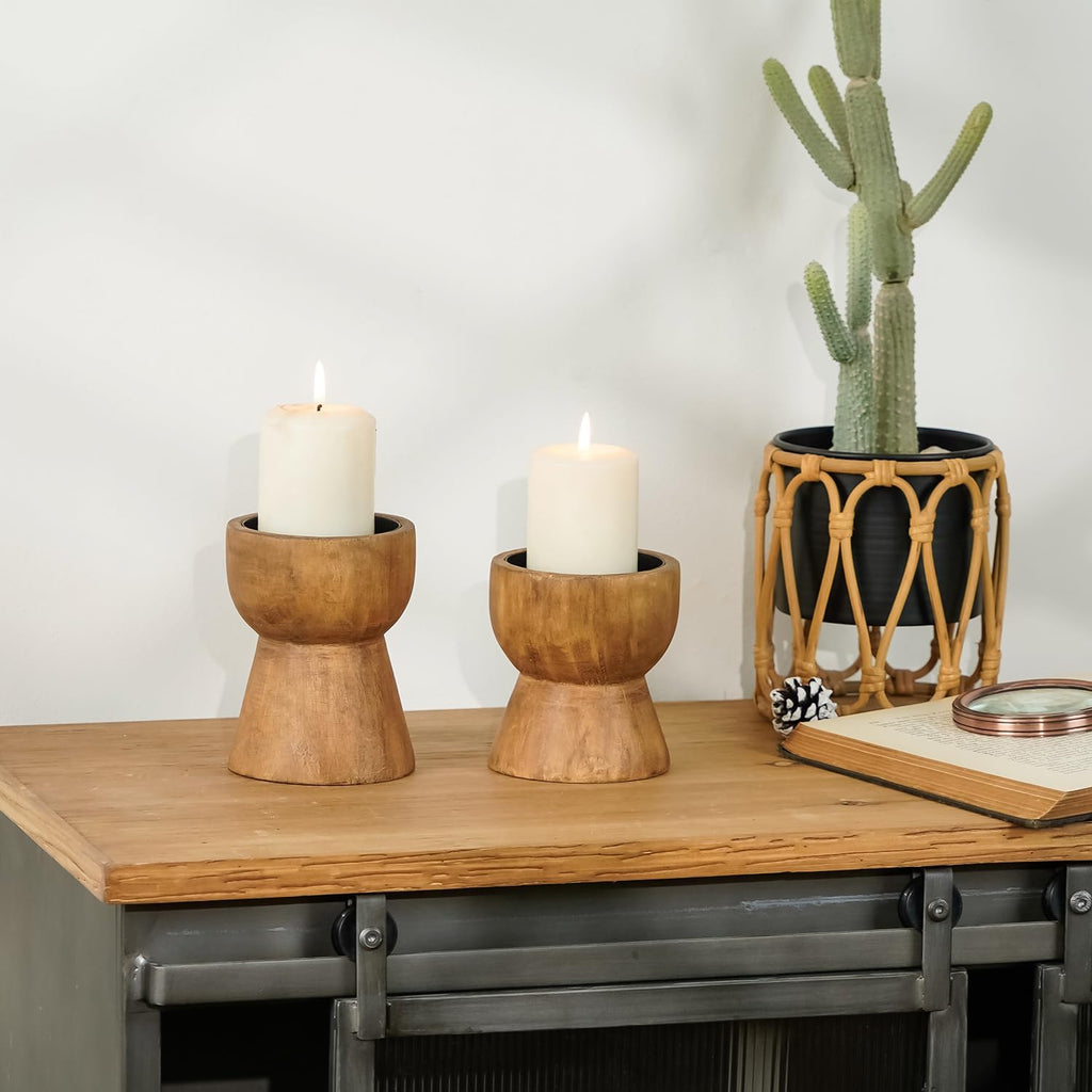 Farmhouse Wooden Pillar Candle Holders Set of 2, Mantel Decor | Rustic Brown Solid Wood Candle Pedestal, Decorative