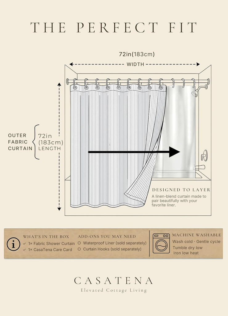 Farmhouse Striped Shower Curtain - 72x72 Inches, Linen Blend Fabric, Breathable & Machine Washable, Rustic Black