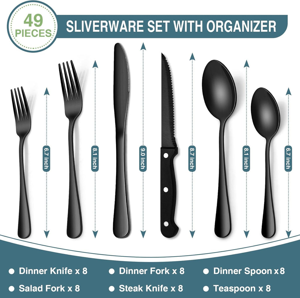 Black Silverware Set, 49-Piece Flatware Set with Drawer Organizer, Durable Stainless Steel Cutlery Set for 8