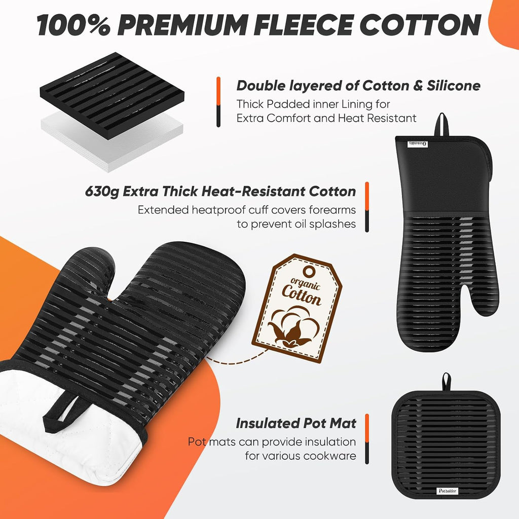 Oven Mitts Kitchen Towels and Dishcloths with Pot Holders Sets, Oven Gloves Hot Pads 500°F Heat Resistant with