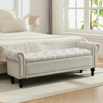 King Size 58'' End of Bed Storage Bench with Tufted Button & Rolled Arms | Linen Storage Ottoman Bed Benches Large