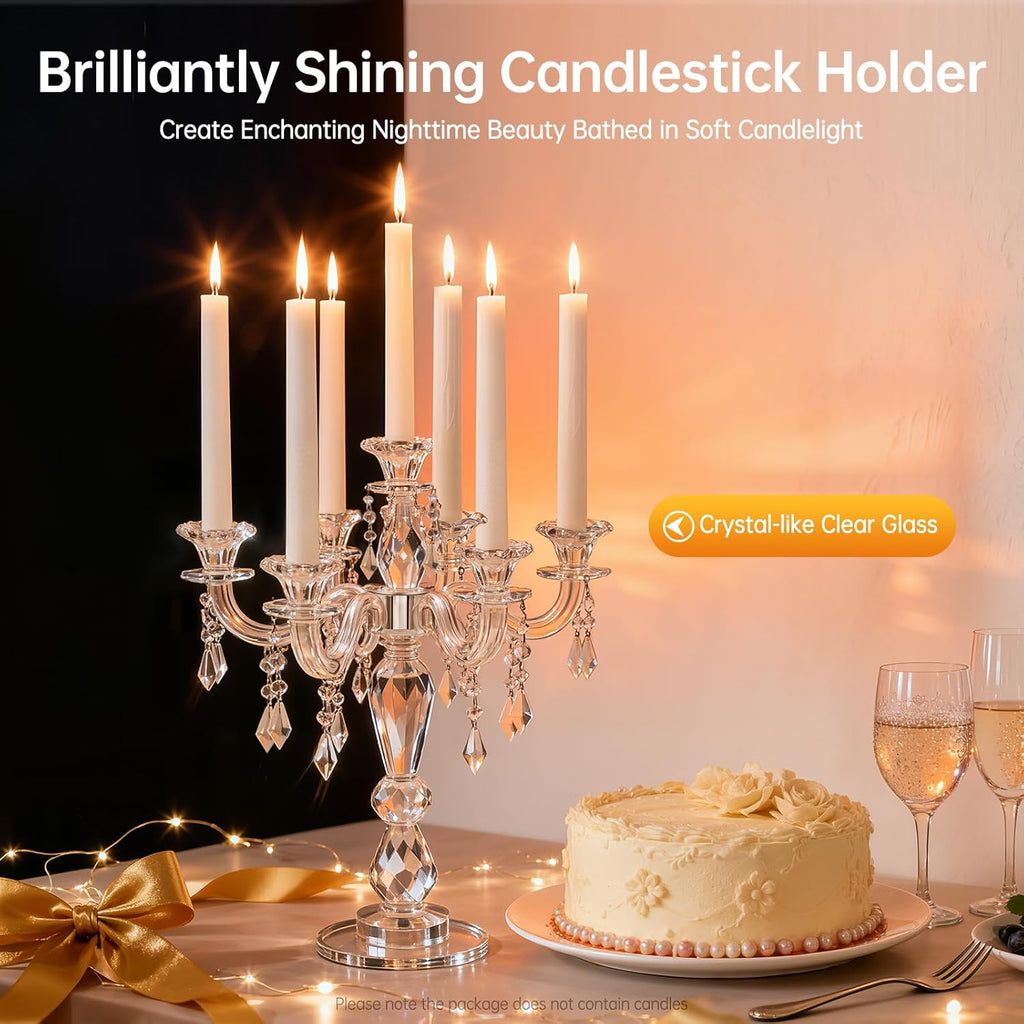 Crystal Candle Holder, 7-Arm 14 in Tall Modern Clear Candelabra Candlestick, Crystal Tapered Candle Holders Centerpieces