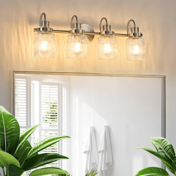 4 Lights Bathroom Vanity Light, Brushed Nickel Bathroom Light Fixtures with Hammered Glass Lampshade for Dressing