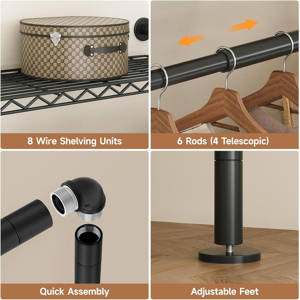 Wall Mounted Garment Rack, Industrial Pipe Metal Clothing Rack with 6 Hanging Rods (4 Expandable) & 8 Shelves, Closet