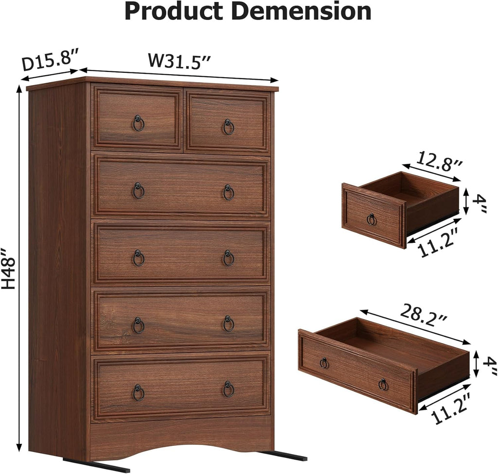 Dresser Tall, Mid Century Modern 6 Drawer Dresser, Cherry Wood Chest od Drawer with Large Storage for Clothes, Vintage