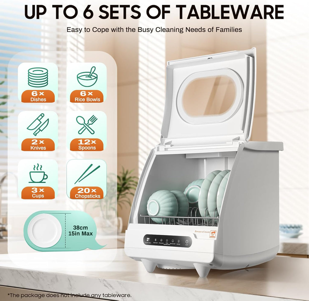 Portable Countertop Dishwasher, Mini Dishwasher Table Top Dishwasher w/5L Built-in Water Tank, 5 Washing Programs