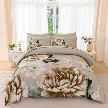Comforter Set Full Khaki Floral Bedding Set 7 Pieces Flower Bed Set with Sheets Reversible Large Peony Printed On - Set of 7