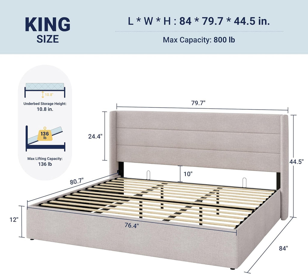 King Lift Up Storage Bed, Modern Wingback Headboard, Hydraulic Support, No Box Spring Needed, Light Beige