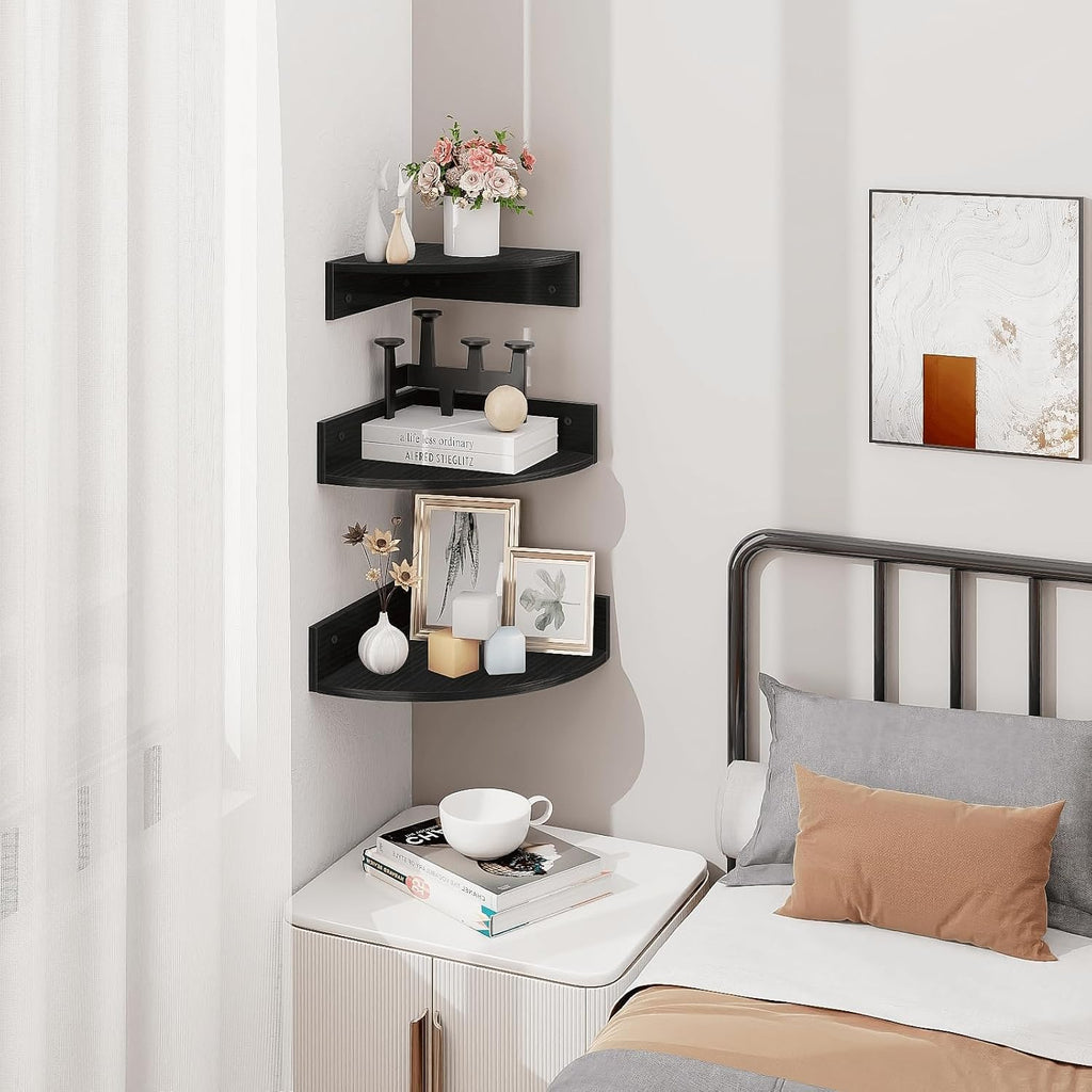 Corner Floating Shelves, Set of 3 Corner Shelves Wall Mounted with Cable Hole, 3 Tier Wooden Hanging Corner Storage