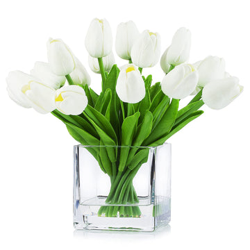 20 Pieces Artificial Real Touch Tulips Flower Arrangement in Cube Glass Vase with Faux Water Decoration (White)