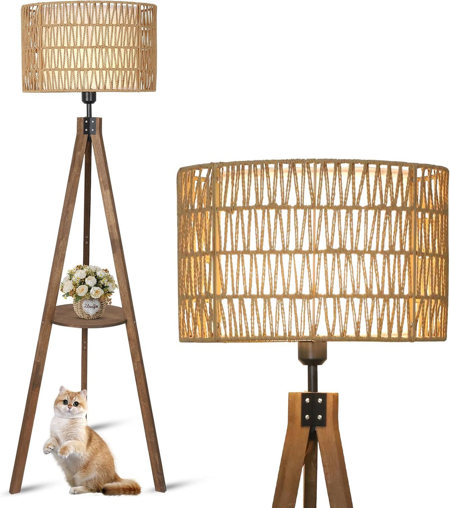 Boho Tripod Floor Lamps, Rattan Wood Floor Lamp with Fabric Shades, Mid Century Standing Lamp with S