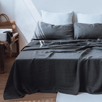 100% Linen Bed Sheet Set, 4 Piece, Queen, Dark Grey