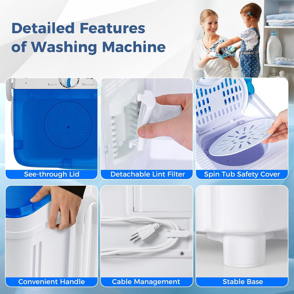 Portable Washing Machine, 17.6lbs Compact Washer Spinner Combo with Pump Drain, Twin Tub 11lbs Wash & 6.6lbs Spin