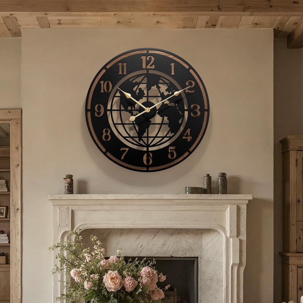 Large World Map Wall Clock, 24" Wooden Minimalist Modern Clock