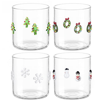 Set Of 4 Xmas Icon Juice Cups 12 Oz Icon Drinking Glasses Holiday Glasses