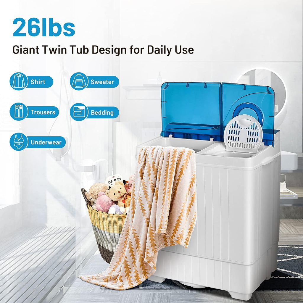 Washing Machine Semi-automatic, Twin Tub Washer with Spin Dryer, 26lbs Capacity, Built-in Drain Pump, Portable Laundry