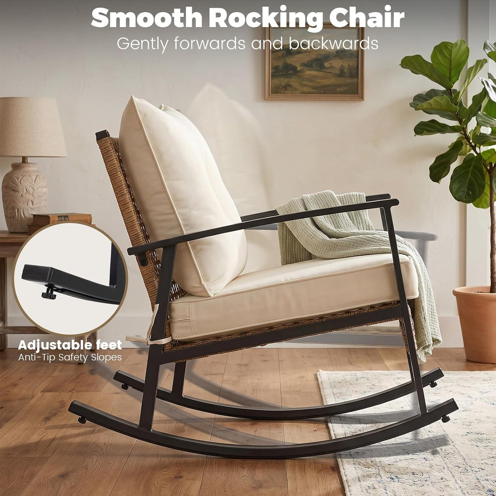 Outdoor Rocking Chairs Set of 2, 3-Piece Bistro Patio Furniture Set with Thick Cushions, Wicker Rocking Chair &