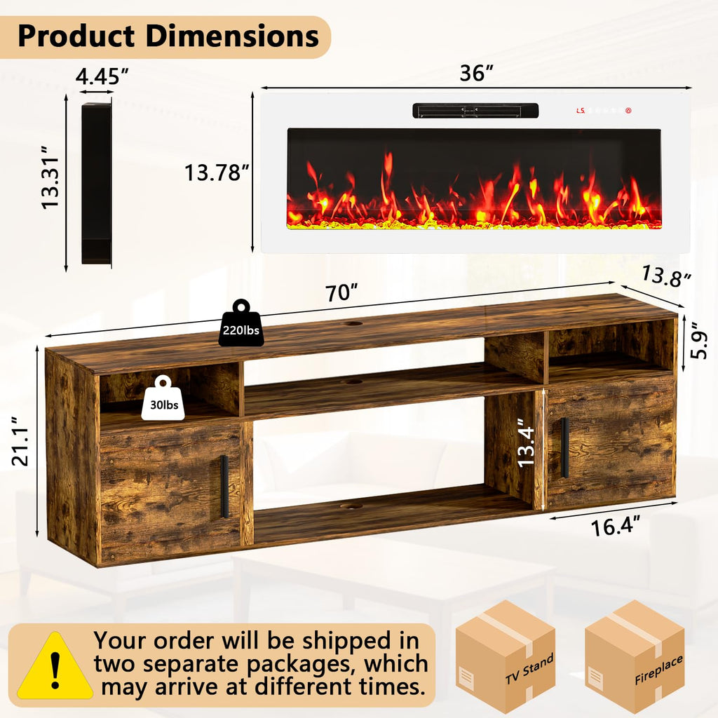 70" Floating with 36" Electric Fireplace, High Gloss Finish Wall Mounted Electric Fireplace with Storage and 16