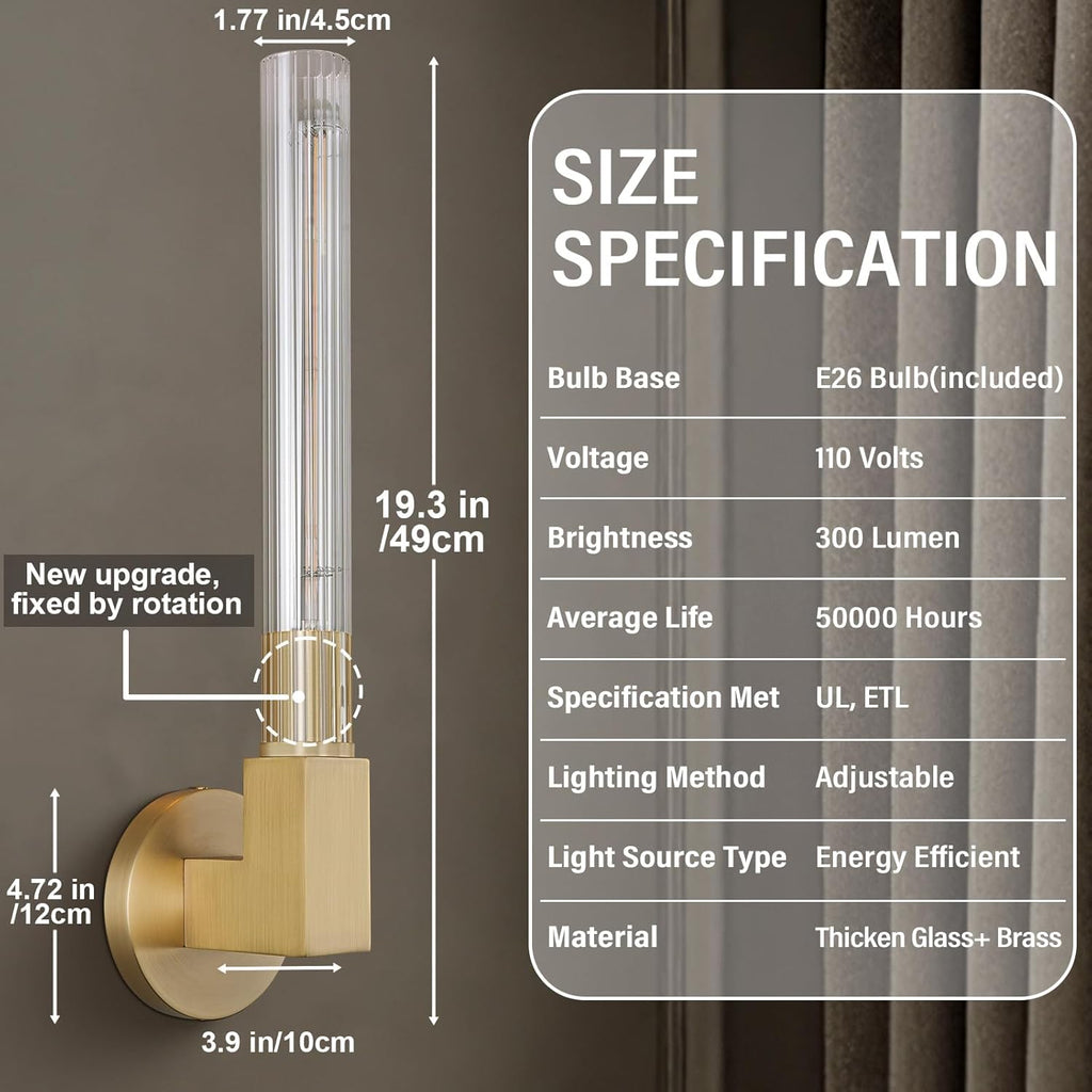 Inspired Cannele Style Gold Wall Sconces Set of 2, Modern Bathroom Vanity Lights with Tube Glass Shades - Industrial Vintage Wall Lighting for Mirror, Hallway, Bedroom, Dressing Room