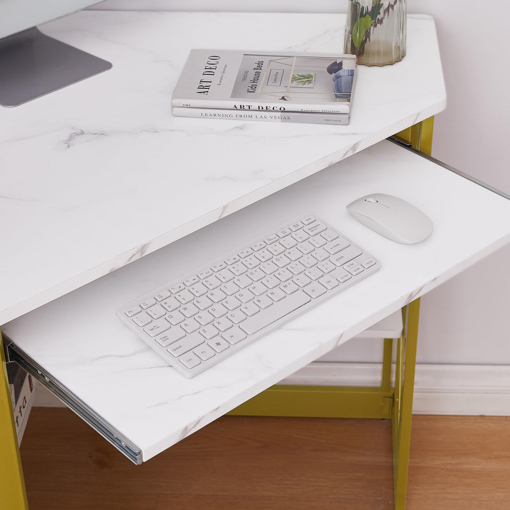 Corner Computer Desk 41 x 30 inches with Smooth Keyboard & Storage Shelves Workstation, White & Gold
